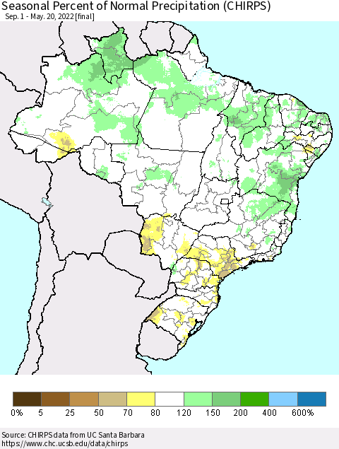 Brazil Seasonal Percent of Normal Precipitation (CHIRPS) Thematic Map For 9/1/2021 - 5/20/2022