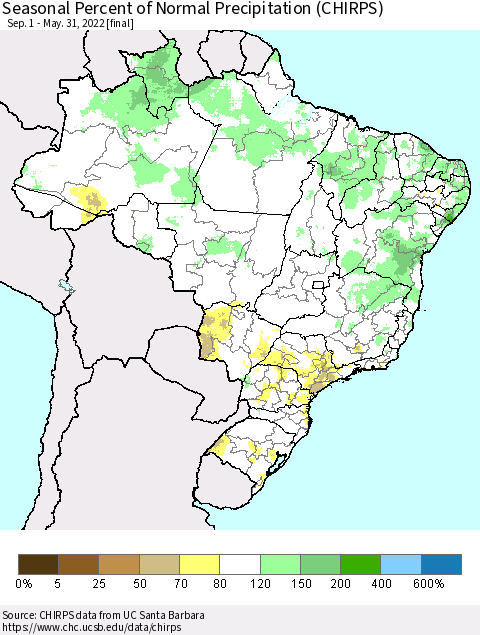 Brazil Seasonal Percent of Normal Precipitation (CHIRPS) Thematic Map For 9/1/2021 - 5/31/2022