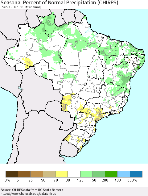 Brazil Seasonal Percent of Normal Precipitation (CHIRPS) Thematic Map For 9/1/2021 - 6/10/2022