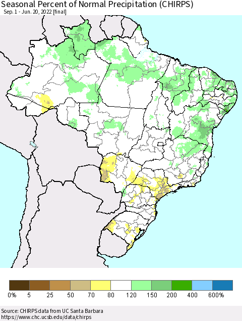 Brazil Seasonal Percent of Normal Precipitation (CHIRPS) Thematic Map For 9/1/2021 - 6/20/2022