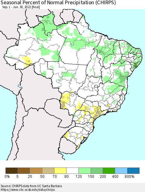 Brazil Seasonal Percent of Normal Precipitation (CHIRPS) Thematic Map For 9/1/2021 - 6/30/2022