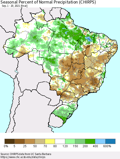 Brazil Seasonal Percent of Normal Precipitation (CHIRPS) Thematic Map For 9/1/2021 - 9/20/2021