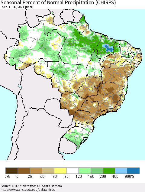 Brazil Seasonal Percent of Normal Precipitation (CHIRPS) Thematic Map For 9/1/2021 - 9/30/2021
