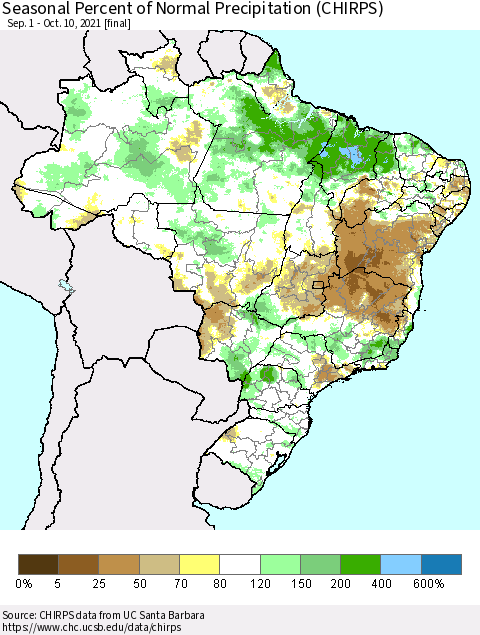 Brazil Seasonal Percent of Normal Precipitation (CHIRPS) Thematic Map For 9/1/2021 - 10/10/2021