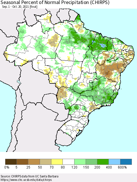 Brazil Seasonal Percent of Normal Precipitation (CHIRPS) Thematic Map For 9/1/2021 - 10/20/2021