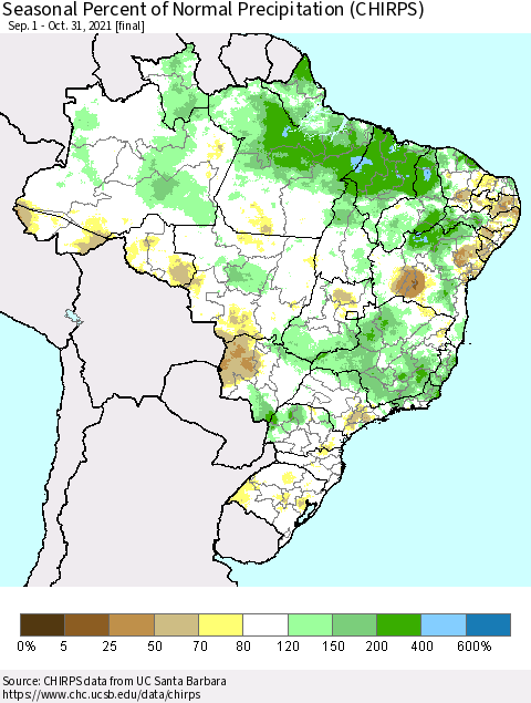 Brazil Seasonal Percent of Normal Precipitation (CHIRPS) Thematic Map For 9/1/2021 - 10/31/2021