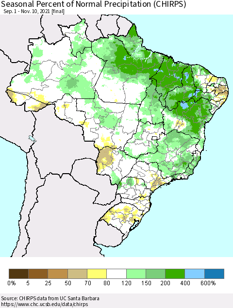 Brazil Seasonal Percent of Normal Precipitation (CHIRPS) Thematic Map For 9/1/2021 - 11/10/2021