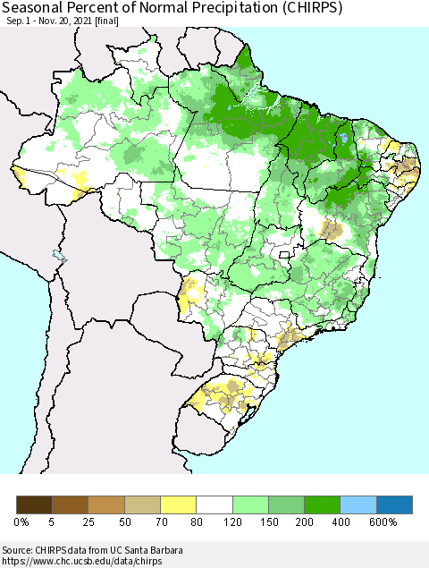 Brazil Seasonal Percent of Normal Precipitation (CHIRPS) Thematic Map For 9/1/2021 - 11/20/2021