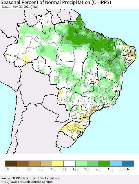 Brazil Seasonal Percent of Normal Precipitation (CHIRPS) Thematic Map For 9/1/2021 - 11/30/2021