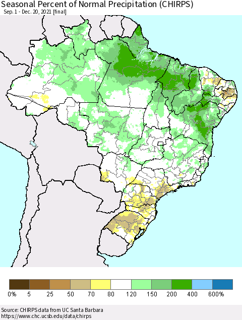 Brazil Seasonal Percent of Normal Precipitation (CHIRPS) Thematic Map For 9/1/2021 - 12/20/2021
