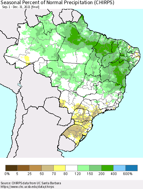 Brazil Seasonal Percent of Normal Precipitation (CHIRPS) Thematic Map For 9/1/2021 - 12/31/2021