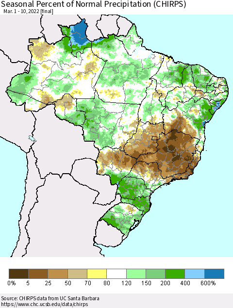 Brazil Seasonal Percent of Normal Precipitation (CHIRPS) Thematic Map For 3/1/2022 - 3/10/2022