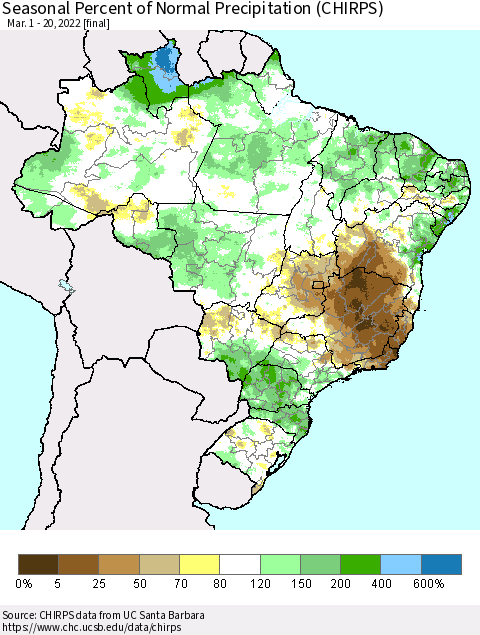 Brazil Seasonal Percent of Normal Precipitation (CHIRPS) Thematic Map For 3/1/2022 - 3/20/2022