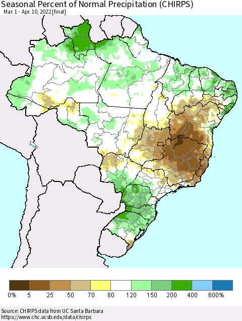 Brazil Seasonal Percent of Normal Precipitation (CHIRPS) Thematic Map For 3/1/2022 - 4/10/2022