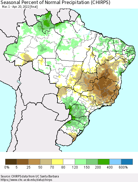 Brazil Seasonal Percent of Normal Precipitation (CHIRPS) Thematic Map For 3/1/2022 - 4/20/2022