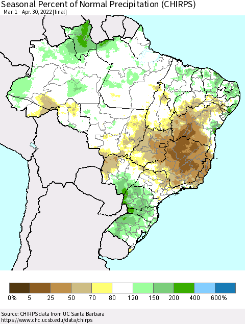 Brazil Seasonal Percent of Normal Precipitation (CHIRPS) Thematic Map For 3/1/2022 - 4/30/2022