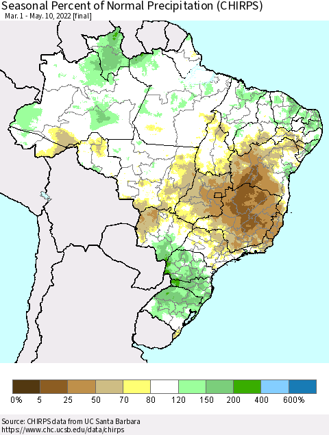 Brazil Seasonal Percent of Normal Precipitation (CHIRPS) Thematic Map For 3/1/2022 - 5/10/2022