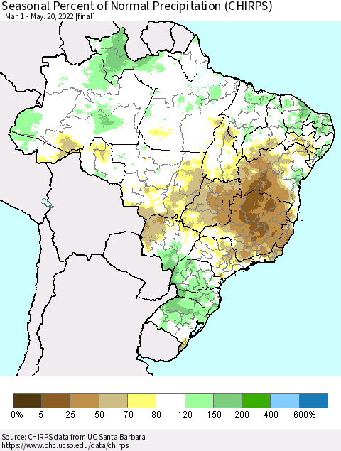 Brazil Seasonal Percent of Normal Precipitation (CHIRPS) Thematic Map For 3/1/2022 - 5/20/2022