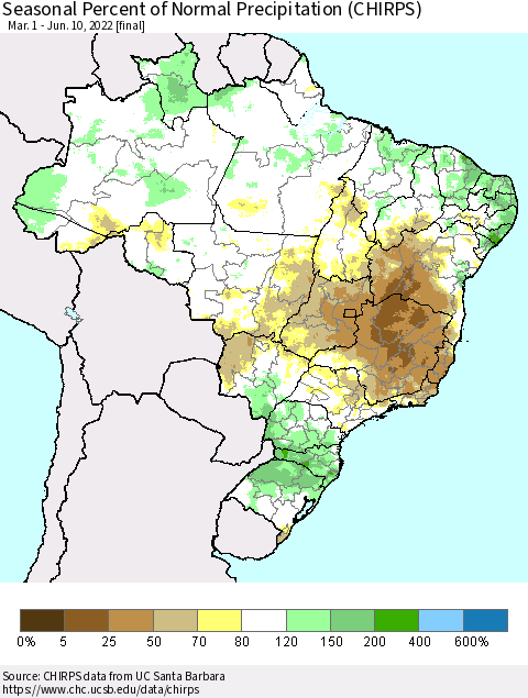 Brazil Seasonal Percent of Normal Precipitation (CHIRPS) Thematic Map For 3/1/2022 - 6/10/2022