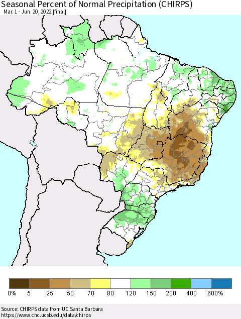 Brazil Seasonal Percent of Normal Precipitation (CHIRPS) Thematic Map For 3/1/2022 - 6/20/2022