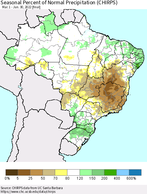 Brazil Seasonal Percent of Normal Precipitation (CHIRPS) Thematic Map For 3/1/2022 - 6/30/2022