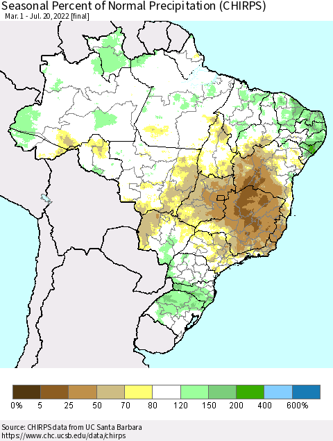Brazil Seasonal Percent of Normal Precipitation (CHIRPS) Thematic Map For 3/1/2022 - 7/20/2022