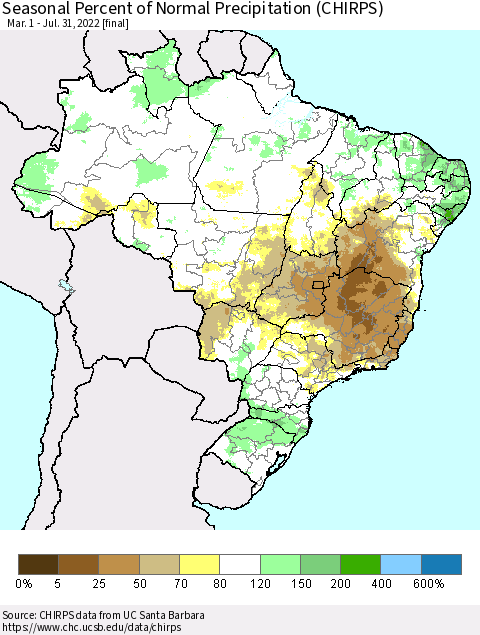 Brazil Seasonal Percent of Normal Precipitation (CHIRPS) Thematic Map For 3/1/2022 - 7/31/2022