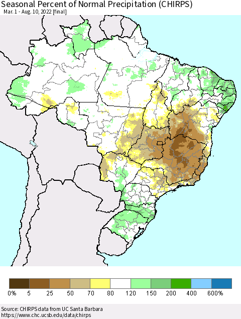 Brazil Seasonal Percent of Normal Precipitation (CHIRPS) Thematic Map For 3/1/2022 - 8/10/2022