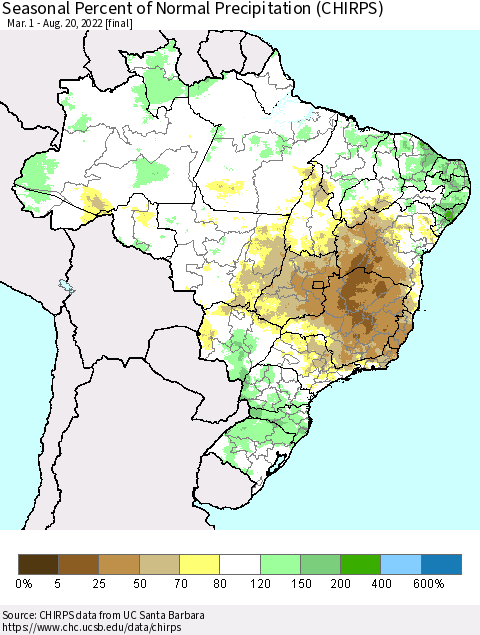 Brazil Seasonal Percent of Normal Precipitation (CHIRPS) Thematic Map For 3/1/2022 - 8/20/2022