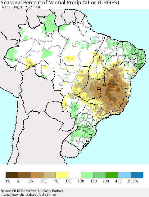 Brazil Seasonal Percent of Normal Precipitation (CHIRPS) Thematic Map For 3/1/2022 - 8/31/2022