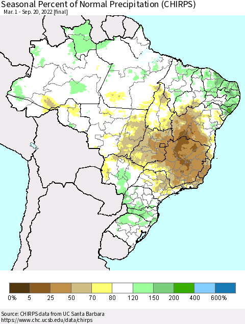 Brazil Seasonal Percent of Normal Precipitation (CHIRPS) Thematic Map For 3/1/2022 - 9/20/2022