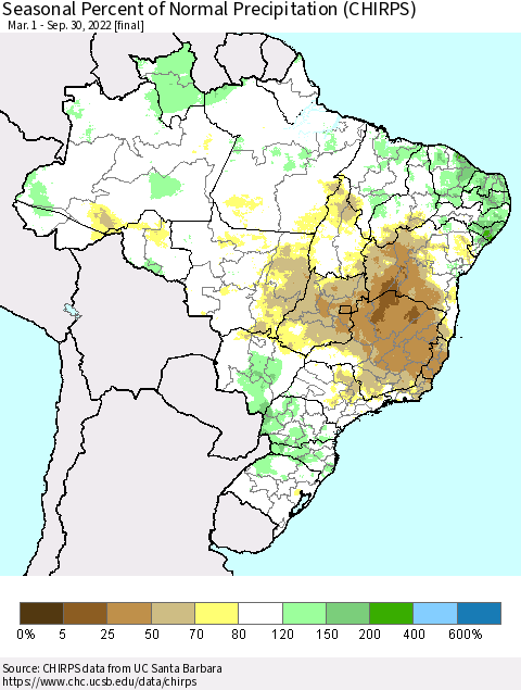 Brazil Seasonal Percent of Normal Precipitation (CHIRPS) Thematic Map For 3/1/2022 - 9/30/2022