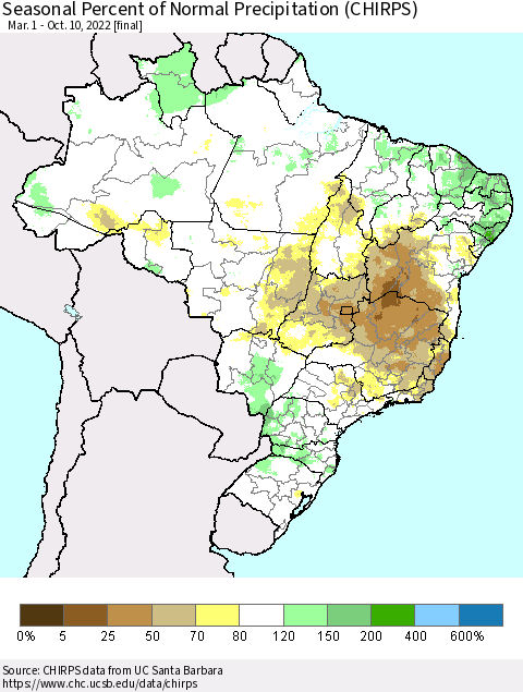 Brazil Seasonal Percent of Normal Precipitation (CHIRPS) Thematic Map For 3/1/2022 - 10/10/2022