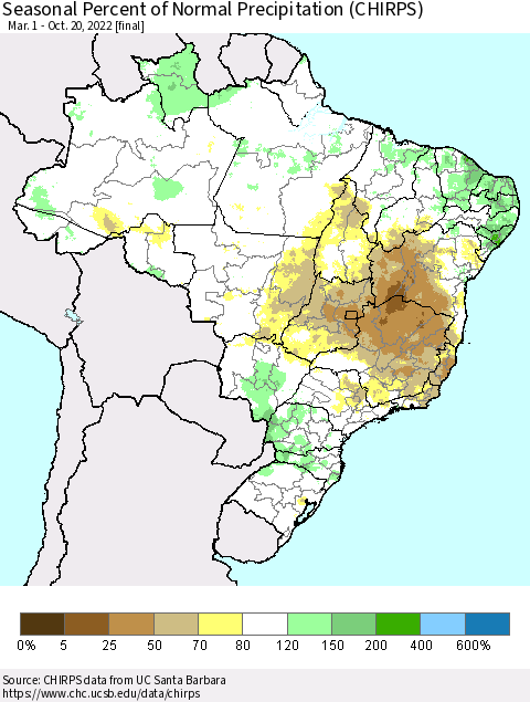 Brazil Seasonal Percent of Normal Precipitation (CHIRPS) Thematic Map For 3/1/2022 - 10/20/2022