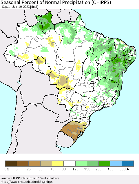Brazil Seasonal Percent of Normal Precipitation (CHIRPS) Thematic Map For 9/1/2022 - 1/10/2023