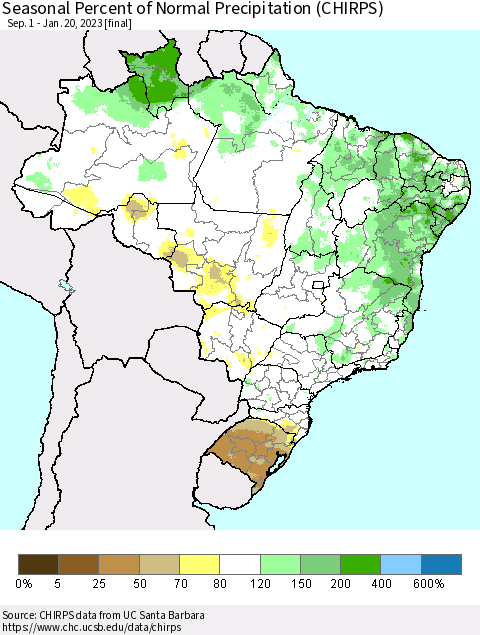 Brazil Seasonal Percent of Normal Precipitation (CHIRPS) Thematic Map For 9/1/2022 - 1/20/2023