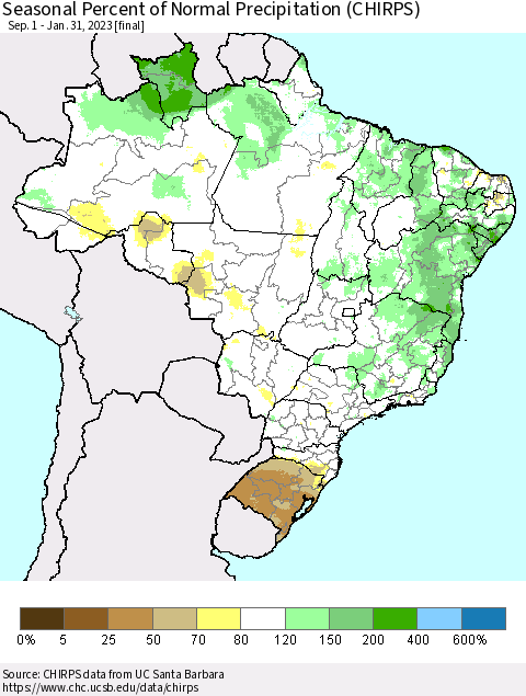 Brazil Seasonal Percent of Normal Precipitation (CHIRPS) Thematic Map For 9/1/2022 - 1/31/2023
