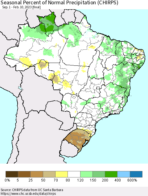 Brazil Seasonal Percent of Normal Precipitation (CHIRPS) Thematic Map For 9/1/2022 - 2/10/2023