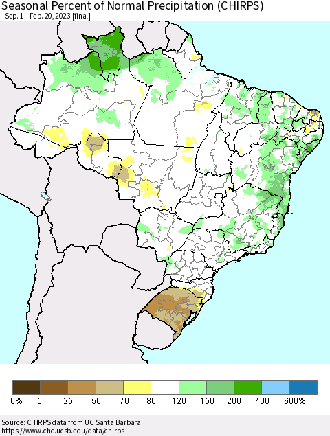 Brazil Seasonal Percent of Normal Precipitation (CHIRPS) Thematic Map For 9/1/2022 - 2/20/2023