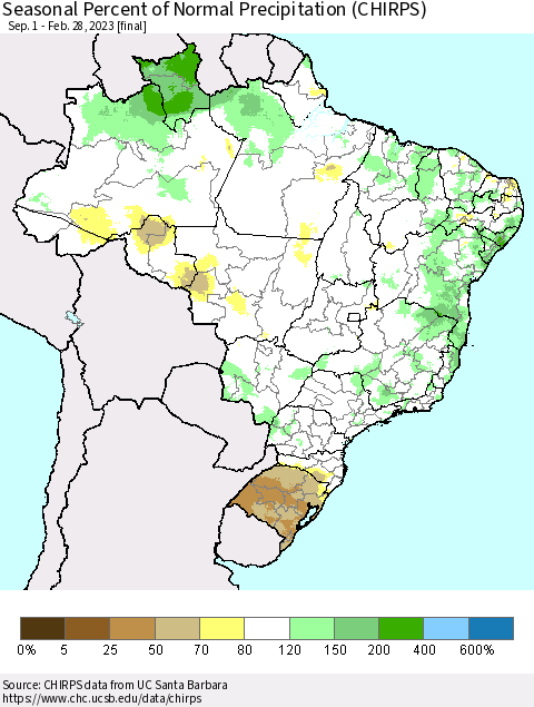 Brazil Seasonal Percent of Normal Precipitation (CHIRPS) Thematic Map For 9/1/2022 - 2/28/2023