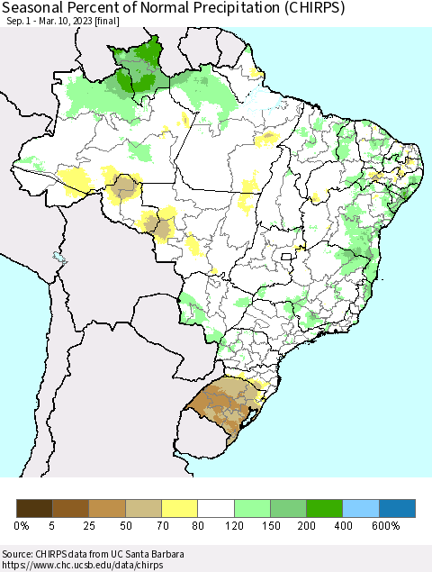 Brazil Seasonal Percent of Normal Precipitation (CHIRPS) Thematic Map For 9/1/2022 - 3/10/2023