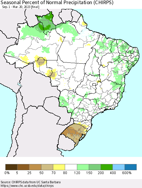 Brazil Seasonal Percent of Normal Precipitation (CHIRPS) Thematic Map For 9/1/2022 - 3/20/2023