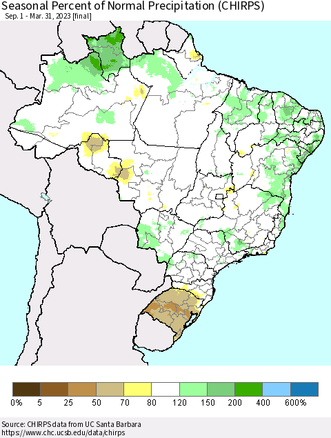 Brazil Seasonal Percent of Normal Precipitation (CHIRPS) Thematic Map For 9/1/2022 - 3/31/2023