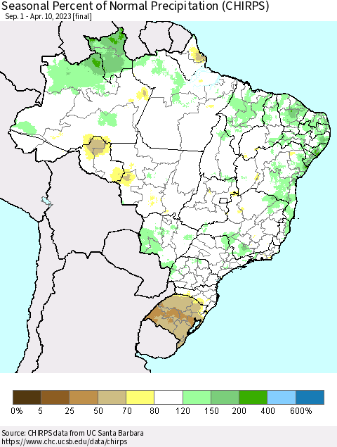 Brazil Seasonal Percent of Normal Precipitation (CHIRPS) Thematic Map For 9/1/2022 - 4/10/2023