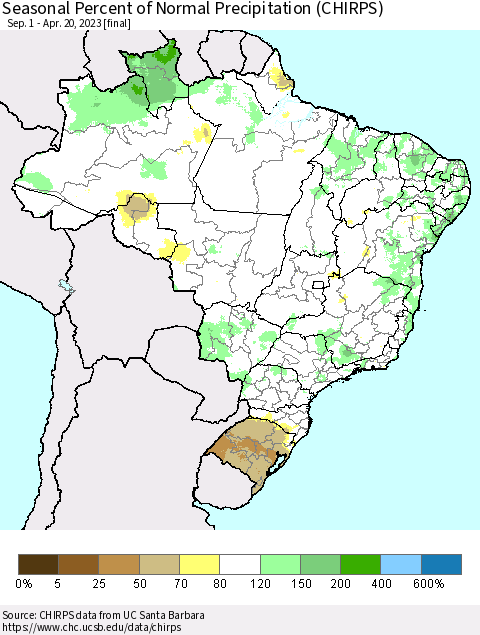 Brazil Seasonal Percent of Normal Precipitation (CHIRPS) Thematic Map For 9/1/2022 - 4/20/2023