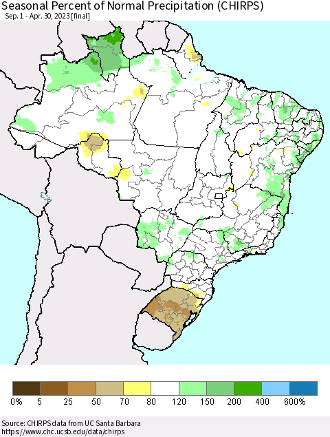 Brazil Seasonal Percent of Normal Precipitation (CHIRPS) Thematic Map For 9/1/2022 - 4/30/2023