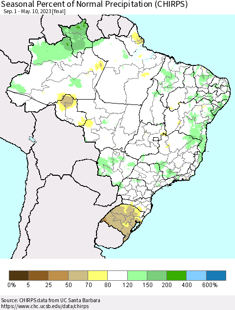 Brazil Seasonal Percent of Normal Precipitation (CHIRPS) Thematic Map For 9/1/2022 - 5/10/2023