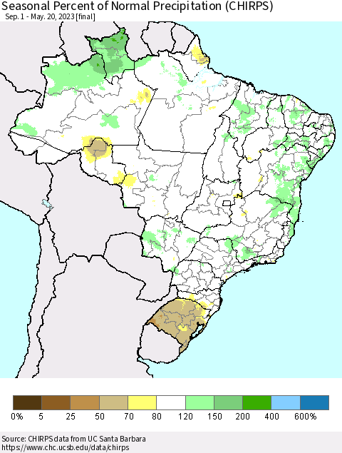 Brazil Seasonal Percent of Normal Precipitation (CHIRPS) Thematic Map For 9/1/2022 - 5/20/2023