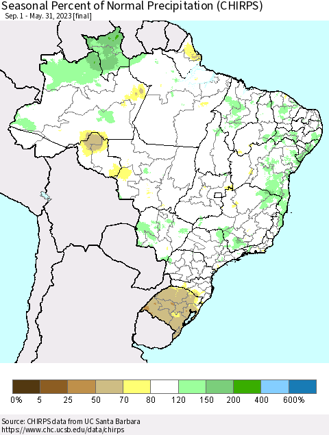 Brazil Seasonal Percent of Normal Precipitation (CHIRPS) Thematic Map For 9/1/2022 - 5/31/2023