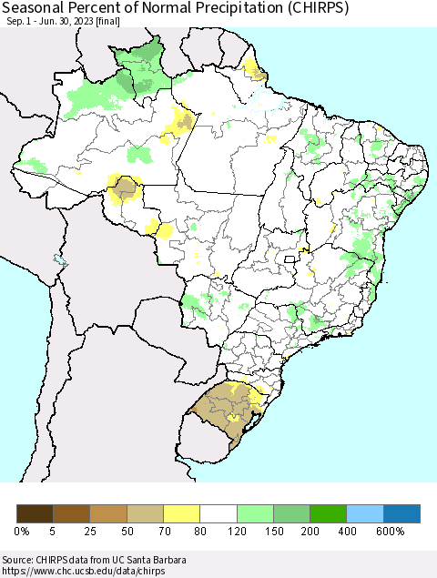 Brazil Seasonal Percent of Normal Precipitation (CHIRPS) Thematic Map For 9/1/2022 - 6/30/2023